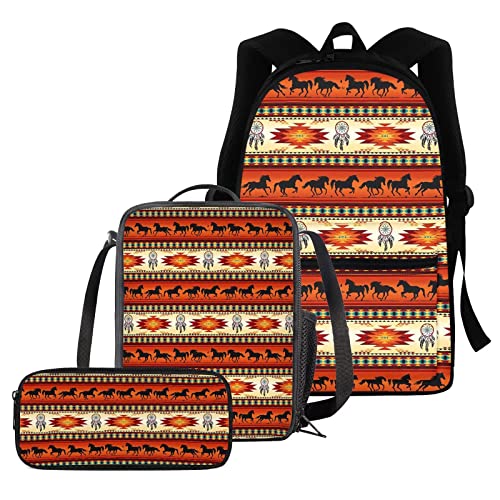 fifbird Rucksack für Jungen und Mädchen, komplettes Set mit 3-teiligem Tierwolf, Schultaschen-Set für Kinder, inklusive 40,6 cm Reiserucksack, Federmäppchen, Thermo-Lunchbox, Pferd Aztec Pri, von fifbird