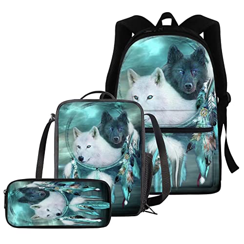 fifbird Rucksack für Jungen und Mädchen, komplettes Set mit 3-teiligem Tierwolf, Schultaschen-Set für Kinder, inklusive 40,6 cm Reiserucksack, Federmäppchen, Thermo-Lunchbox, Weiß / Schwarz Wol, von fifbird