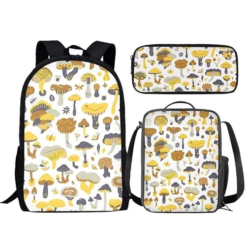 fifbird Rucksack mit Pilzdruck, für Schule, Kinder, Jungen, Mädchen, 3-in-1, Pilz-Rucksack und Lunchbox von fifbird