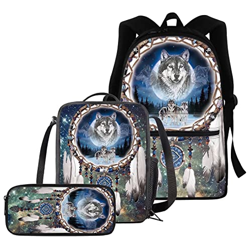 fifbird Schulbüchertaschen-Set mit niedlichem Mops-Motiv, für Jungen und Mädchen, Cartoon-Mops-Rucksack, Schreibwarenbox, Stifteetui, isolierte Lunchbox, komplettes Set mit 3 Stück, Blauer Wolf, von fifbird