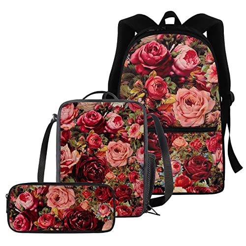 fifbird Schulbüchertaschen-Set mit niedlichem Mops-Motiv, für Jungen und Mädchen, Cartoon-Mops-Rucksack, Schreibwarenbox, Stifteetui, isolierte Lunchbox, komplettes Set mit 3 Stück, Bunte Rose, von fifbird