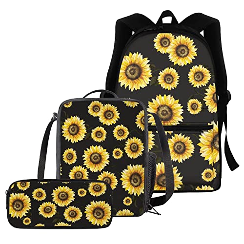 fifbird Schulbüchertaschen-Set mit niedlichem Mops-Motiv, für Jungen und Mädchen, Cartoon-Mops-Rucksack, Schreibwarenbox, Stifteetui, isolierte Lunchbox, komplettes Set mit 3 Stück, Schwarz Floral Su, von fifbird