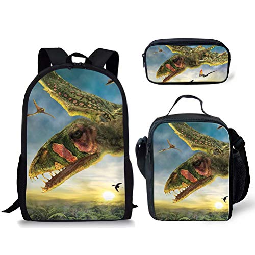 fifbird Schulranzen 3-teiliges Set für Kinder Dino-Druck Freizeitrucksack Reise Daypacks Rucksack Schule Mittagessen Tasche Federmäppchen Triceratops Pterodaktyl Dinosaurier, Multi-17, Einheitsgröße, von fifbird