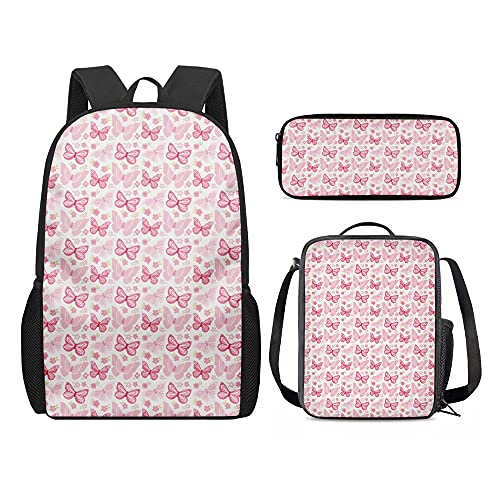 fifbird Schulrucksack-Set, 3-teilig, stylischer Laptop-/Bücherrucksack, Thermo-Lunchbox, tragbares Stifteetui für Kinder (blau, eleganter Katzenstil), rosa Schmetterling (Pink Butterfly), von fifbird