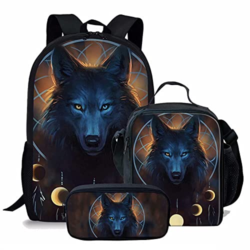 fifbird Schulrucksack-Set für Jungen, Traumfänger, Wolf, Büchertasche, lässiger Laptop, Tagesrucksack, Schulrucksack-Set, Thermo-Lunchbox mit Federmäppchen, 3 Stück, Traumfänger W, Einheitsgröße, von fifbird