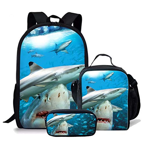 fifbird Schulrucksack-Set für Kinder, Jungen, mit Lunchtasche, 3-teiliges Büchertaschen-Set, Elementarschüler, lässiger Tagesrucksack, Damen und Herren, Rucksack, Dinosaurier, Animal Shark Se, von fifbird