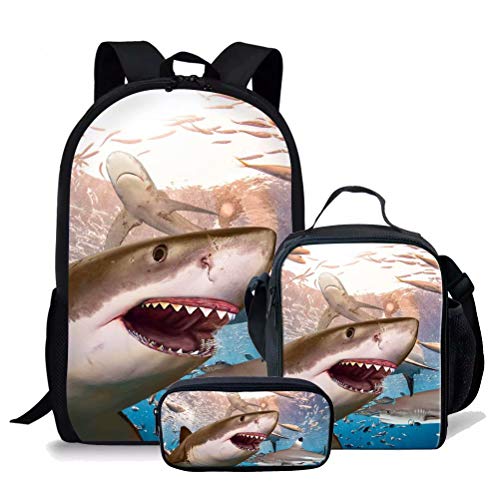 fifbird Schulrucksack-Set für Kinder, Jungen, mit Lunchtasche, 3-teiliges Büchertaschen-Set, Elementarschüler, lässiger Tagesrucksack, Damen und Herren, Rucksack, Dinosaurier, Animal Shark Se, von fifbird