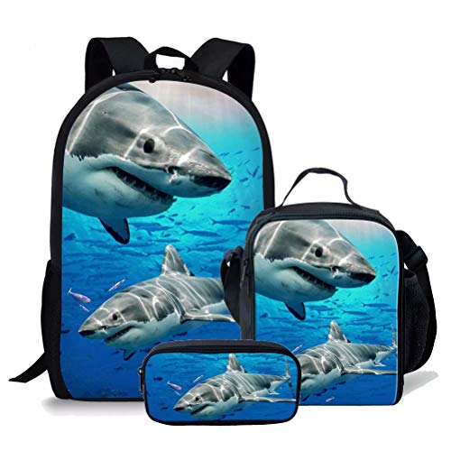 fifbird Schulrucksack-Set für Kinder, Jungen, mit Lunchtasche, 3-teiliges Büchertaschen-Set, Elementarschüler, lässiger Tagesrucksack, Damen und Herren, Rucksack, Dinosaurier, Animal Shark Se, von fifbird