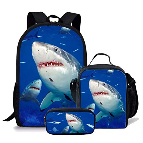 fifbird Schulrucksack-Set für Kinder, Jungen, mit Lunchtasche, 3-teiliges Büchertaschen-Set, Elementarschüler, lässiger Tagesrucksack, Damen und Herren, Rucksack, Dinosaurier, Animal Shark Se, von fifbird