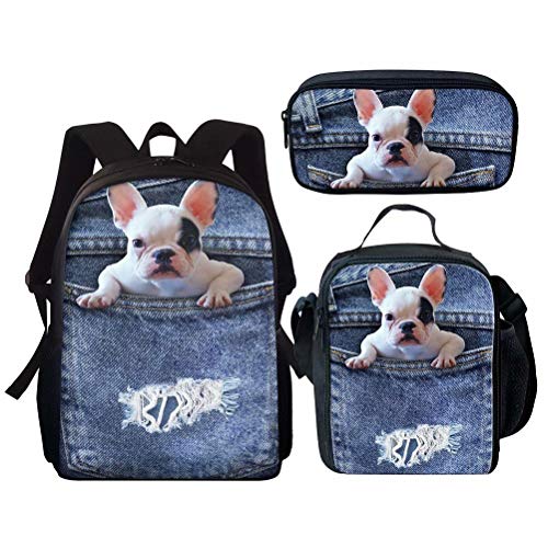 fifbird Schultaschen-Set aus Denim-Tier-Design, für Jungen und Mädchen, Schulrucksack, 3-teilig, robuste Büchertaschen, Lunch-Taschen, Federmäppchen, Kinder, 38,1 cm, Rucksack, Denim Pet -1, von fifbird