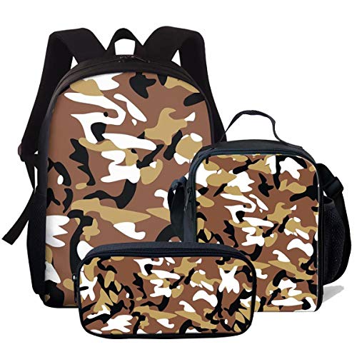 fifbird Set mit 3 Stück Rucksack Lunchbox Federmäppchen für Kinder Kinder Schule Geschenke Neuheit Camouflage Muster Reiserucksack Große Büchertaschen, Camouflage Patt, Einheitsgröße, Tagesrucksäcke von fifbird