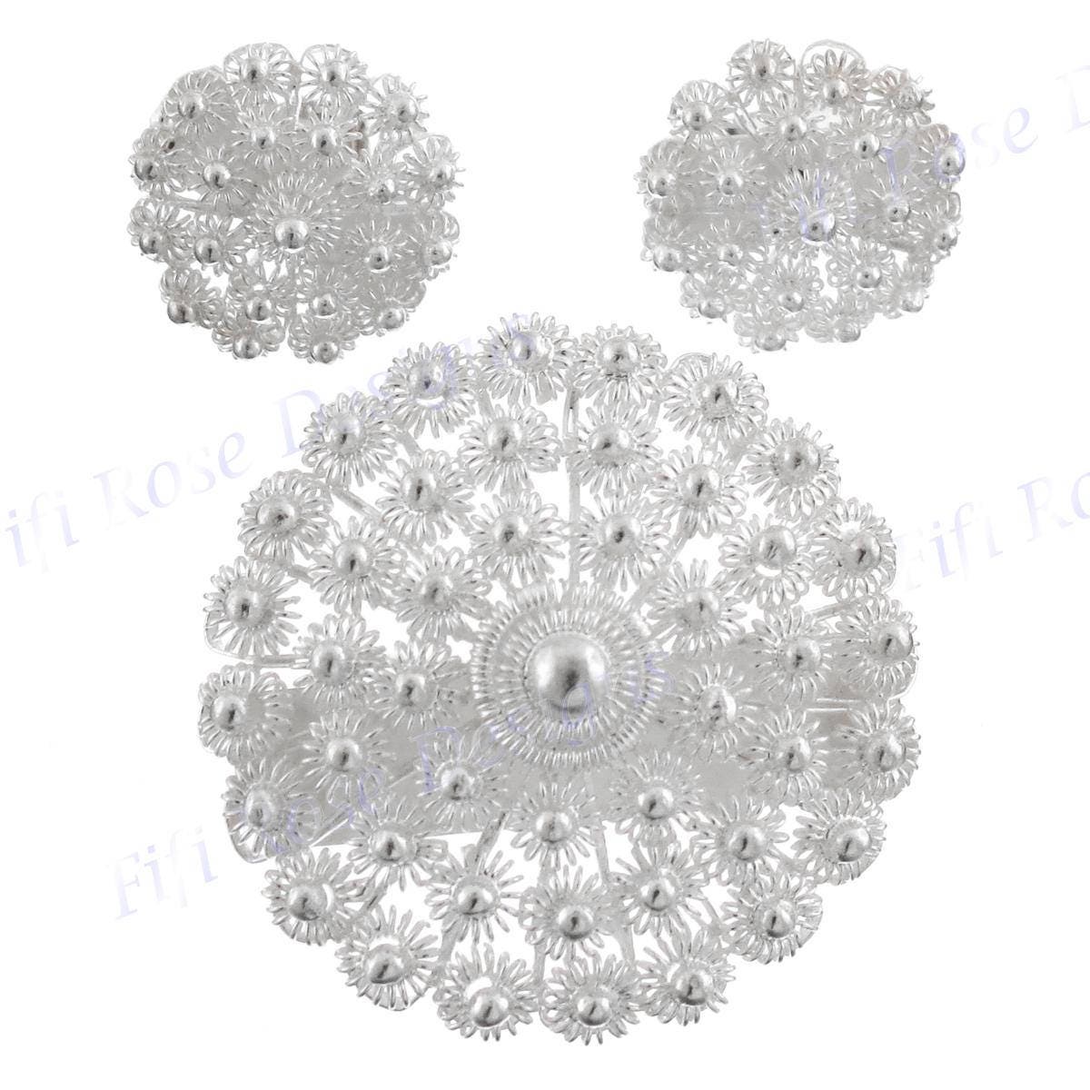 1 1/4 "Hand Gemacht Draht Filigrane Blume 925 Sterling Silber Brosche % 26 Ohrring-Set 1 1/4 "Hand Gemacht Draht Filigrane Blume 925 Sterling Silber Brosche % 26 Ohrring-Set von fifirosedesigns
