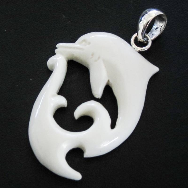 2 "Handgefertigter Delfin Über Wellen Bison Knochen 925 Sterling Silber Anhänger von fifirosedesigns