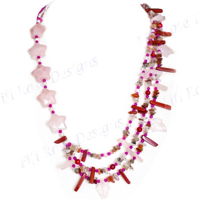 Ausverkauf Rosenquarz Stern Jaspis Perlen 925 Sterling Silber Halskette von fifirosedesigns