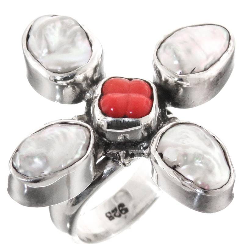 Wunderschöne Biwa Perle Rote Koralle 925 Sterling Silber Ring von fifirosedesigns