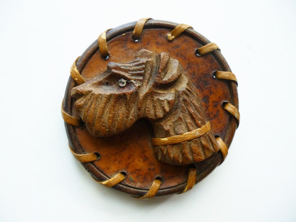 1940S Große Holz Und Leder Hundebrosche/Scottie Hund Terrier Geschnitzt Primitive von fifisfinds