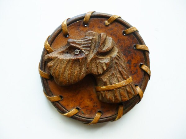 1940S Große Holz Und Leder Hundebrosche/Scottie Hund Terrier Geschnitzt Primitive von fifisfinds