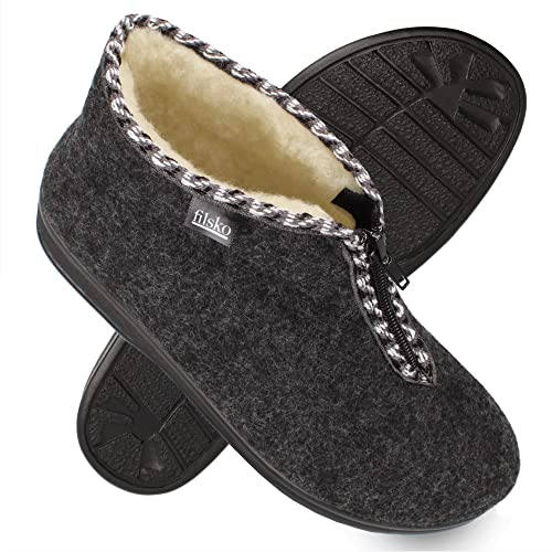 filsko® Gunnarn - Winter Hausschuhe Damen - weiche Fütterung aus Schafwolle - rutschfeste Sohle - mit Reißverschluss - nie wieder kalte Füße - biegsame Schuhvorderkappe - grau/weiß - 38 EU von filsko