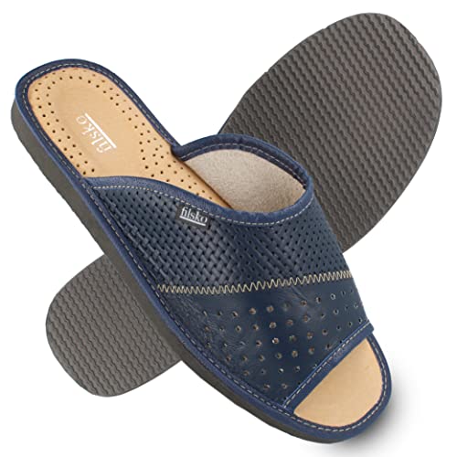 filsko® Louns - Slippers Herren - offen - EVA Sohle - Naturleder - rutschfest - atmungsaktiv - blau - 43 EU von filsko