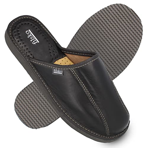 filsko® Tarm - Slippers Herren - geschlossen - EVA Sohle - Naturleder - rutschfest - atmungsaktiv - schwarz - 47 EU von filsko