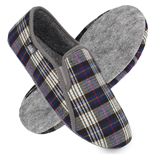 filsko® Vemb - Pantoffeln - leise dank Filzsohle - flexibel durch Gummizug - flache Absatzform - Fersenschutz - 45 EU - blau kariert von filsko