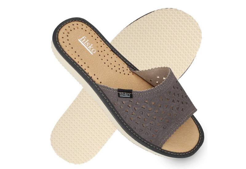 filsko Arrentela Damen Hausschuh offene Pantoletten, Veloursleder, mit Lochmuster von filsko