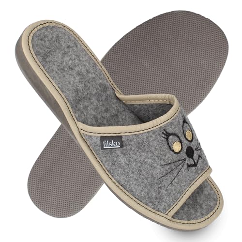 filsko Damen Filz Hausschuhe mit Katzen-Gesicht Stickerei | in grau Holmsund | offene Pantolette | Frühling, Sommer, Herbst, Winter | EU-Schuhgröße 37 filsko Damen Filz Hausschuhe mit Katzen-Gesicht Stickerei | in grau Holmsund | offene Pantolette | Frühling, Sommer, Herbst, Winter | EU-Schuhgröße 37 von filsko