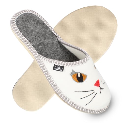 filsko Damen Filz Hausschuhe mit Katzen Stickerei | in weiß-grau Litton | Easy-Filz Obermaterial | leichte EVA-Sohle | EU-Schuhgröße 41 von filsko