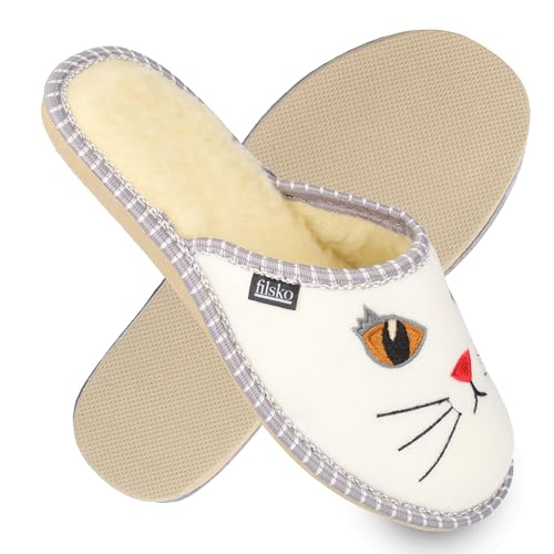 filsko Damen Filz Hausschuhe mit Katzen Stickerei | in weiß-grau Litton | gefüttert mit Schafwolle | leichte EVA-Sohle | EU-Schuhgröße 35 bis 48 von filsko