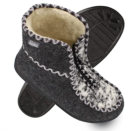 filsko Damen Filz Hüttenschuhe mit Muster | in grau Medle | mit Absatz ca. 3,5 cm | Winterhausschuhe mit Reißverschluss | umschließt den Knöchel | gefüttert mit Schafwolle | EU-Schuhgröße 38 von filsko