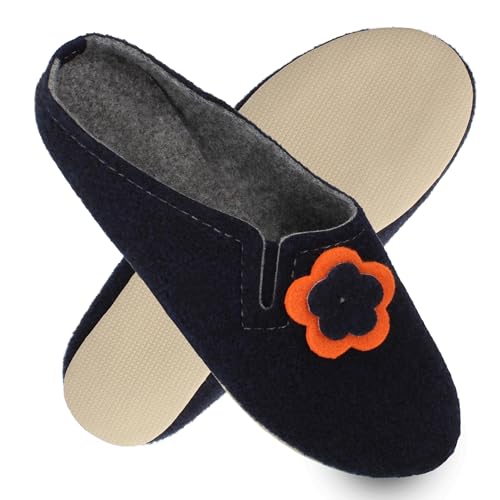filsko Damen Filz Pantoffeln mit Blumen Applikation | in blau Fils | mit Gummisohle | Hausschuhe aus Easy-Filz | zum Schlupfen | leicht am Fuß | EU-Schuhgröße 38 von filsko