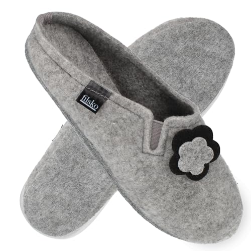 filsko Damen Filz Pantoffeln mit Blumen Applikation | in grau Fils | mit Filzsohle | Hausschuhe aus Easy-Filz | zum Schlupfen | leicht am Fuß | EU-Schuhgröße 38 von filsko