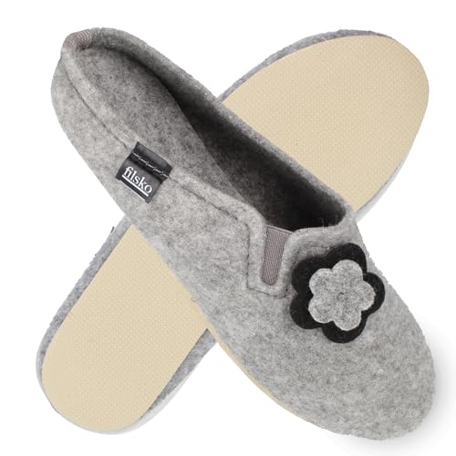 filsko Damen Filz Pantoffeln mit Blumen Applikation | in grau Fils | mit Gummisohle | Hausschuhe aus Easy-Filz | zum Schlupfen | leicht am Fuß | EU-Schuhgröße 38 filsko Damen Filz Pantoffeln mit Blumen Applikation | in grau Fils | mit Gummisohle | Hausschuhe aus Easy-Filz | zum Schlupfen | leicht am Fuß | EU-Schuhgröße 38 von filsko