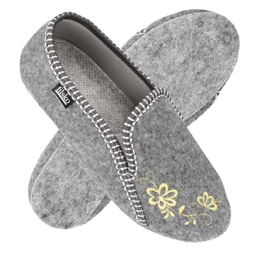 filsko Damen Filz Pantoffeln mit Blumen Stickerei | in grau Rosendaal | mit Filzsohle | Hausschuhe aus Easy-Filz | ungefüttert | EU-Schuhgröße 42 von filsko