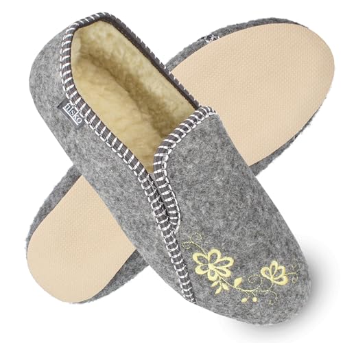 filsko Damen Filz Pantoffeln mit Blumen Stickerei | in grau Rosendaal | mit Gummisohle | Hausschuhe aus Easy-Filz | gefüttert mit Schafwolle | EU-Schuhgröße 37 von filsko