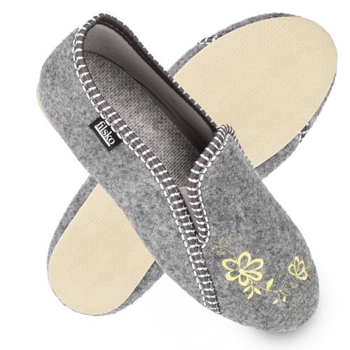filsko Damen Filz Pantoffeln mit Blumen Stickerei | in grau Rosendaal | mit Gummisohle | Hausschuhe aus Easy-Filz | ungefüttert | EU-Schuhgröße 37 von filsko