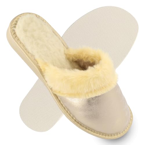 filsko Damen Glitzer Hausschuhe mit Fellkranz | in schimmerndem gold Horne | gefütterte Winterhausschuhe mit Wollmischung | aus Textilstoff | EU-Schuhgröße 41 von filsko