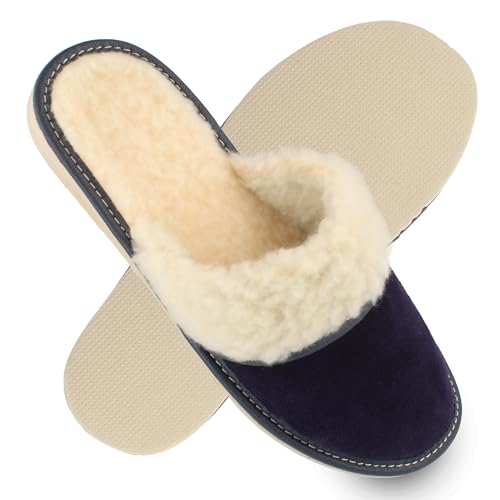 filsko Damen Leder Hausschuhe mit Fellkragen | in blau Brana | Schläppchen | gefütterte Winterhausschuhe | mit Wollmischung | EU-Schuhgröße 40 von filsko