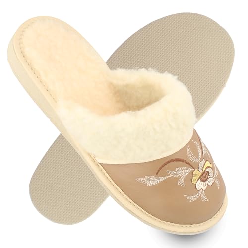 filsko Damen Leder Hausschuhe mit Fellkragen | in braun Vara | Ornament Stickerei | Schläppchen | gefütterte Winterhausschuhe | mit Wollmischung | EU-Schuhgröße 40 von filsko
