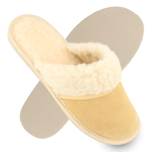 filsko Damen Leder Hausschuhe mit Fellkragen | in cappuccino/beige Brana | Schläppchen | gefütterte Winterhausschuhe | mit Wollmischung | EU-Schuhgröße 38 von filsko