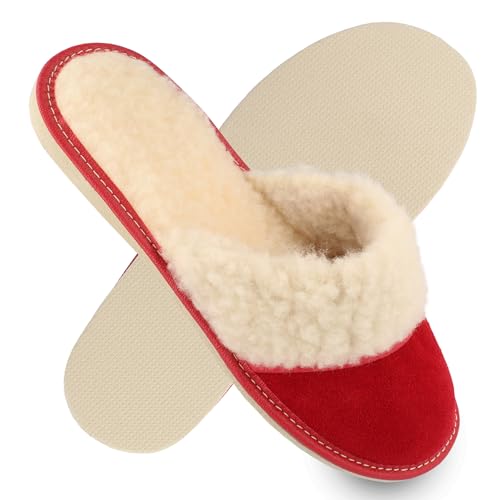 filsko Damen Leder Hausschuhe mit Fellkragen | in rot Brana | Schläppchen | gefütterte Winterhausschuhe | mit Wollmischung | EU-Schuhgröße 37 von filsko