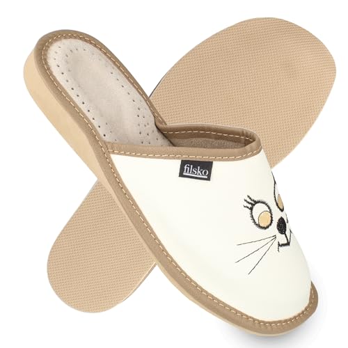 filsko Damen Leder Hausschuhe mit Katzen-Gesicht Stickerei | in weiß Kotka | Pantolette | Frühling, Sommer, Herbst, Winter | EU-Schuhgröße 36 von filsko