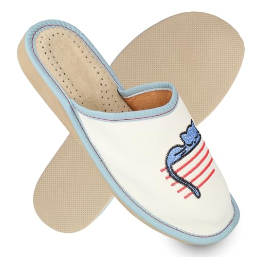 filsko Damen Leder Hausschuhe mit schlafender Katzen Stickerei | in weiß Lapua | Pantolette | Frühling, Sommer, Herbst, Winter | EU-Schuhgröße 39 von filsko