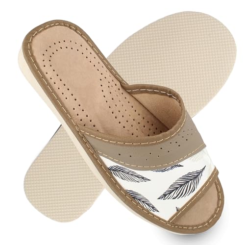 filsko Damen Pantoletten mit Feder-Muster | Innensohle aus Echtleder Karvia | offene Hausschuhe aus Rindsleder | Bequeme Eva-Sohle | EU-Schuhgröße 39 von filsko