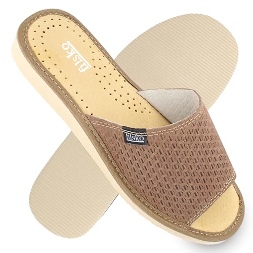 filsko Damen Wildleder Pantoletten mit Rautenmuster | in beige Almada | Hausschuhe | offene Leder Hausschuhe | EU-Schuhgröße 37 von filsko