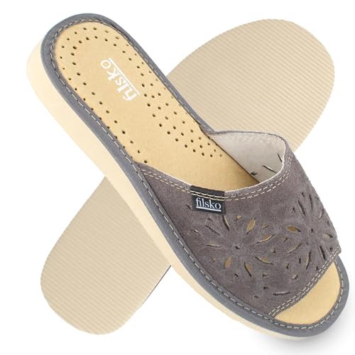 filsko Damen offene Leder Pantoletten mit Blumenausstanzungen | in grau Zafra | Hausschuhe | Blumenmuster | Frühling, Sommer, Herbst, Winter | EU-Schuhgröße 41 von filsko