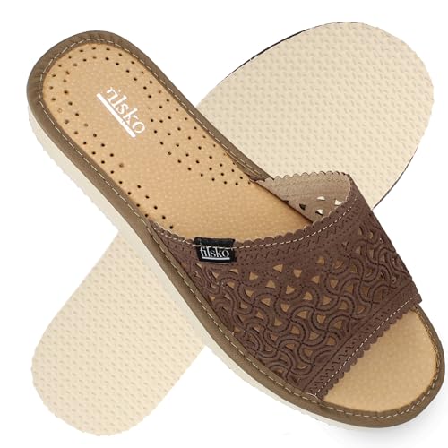 filsko Damen offene Pantoletten mit Musterausstanzungen | in beige Arrentela | Hausschuhe | Wellenbordüre | Leder Hausschuhe | EU-Schuhgröße 37 von filsko