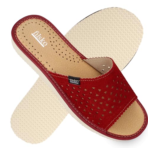 filsko Damen offene Pantoletten mit Musterausstanzungen | in rot Arrentela | Hausschuhe | Wellenbordüre | Leder Hausschuhe | EU-Schuhgröße 40 von filsko