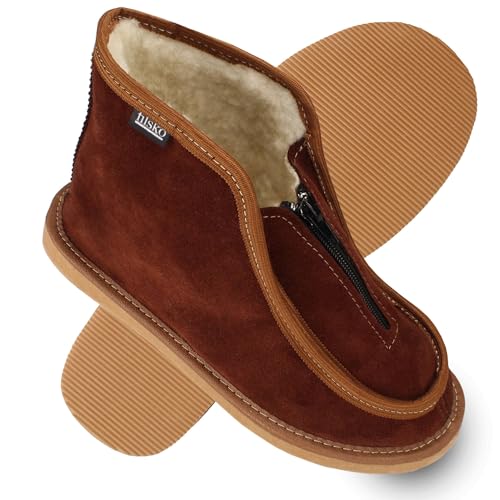 filsko Damen & Herren Hüttenschuhe Hausschuhe | Unisex | in braun Skier | Winterhausschuhe mit Schafwolle gefüttert | mit Reißverschluss | reicht über den Knöchel | EU-Schuhgröße 46 von filsko