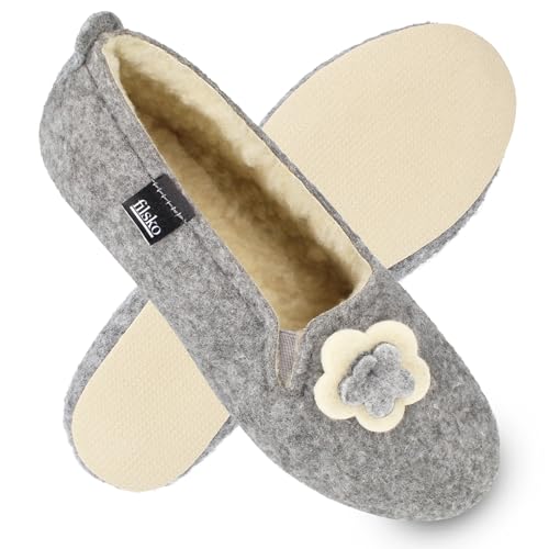 filsko Gefütterte Damen Filz Hausschuhe | in grau mit Blumen-Applikation Matka | mit Gummisohle | Pantoffeln aus Easy-Filz | zum Schlupfen | leicht am Fuß | EU-Schuhgröße 41 von filsko